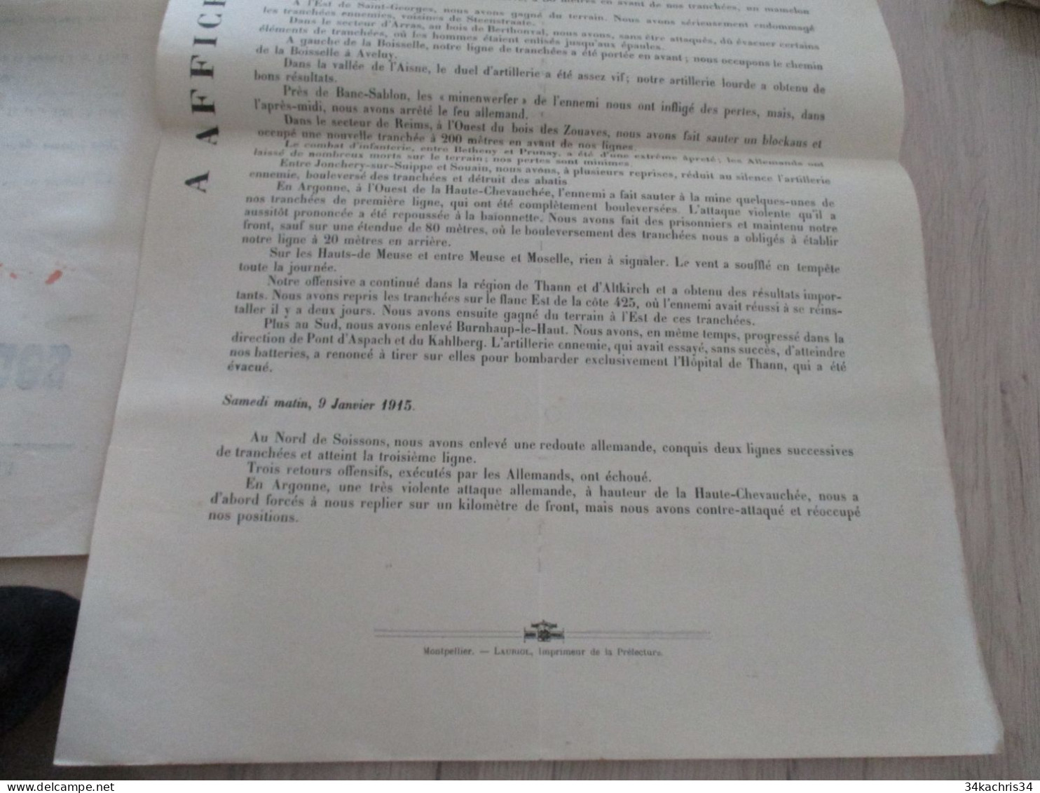 Guerre 14/18 Hérault .affiche 2 X A3 Environs Bulletins Des Communes Nouvelles Officielles 8 Et 9/01/1915 Trous Punaises - Dokumente