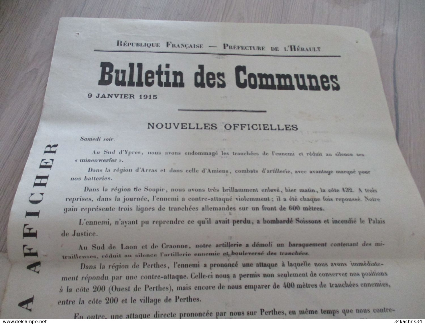 Guerre 14/18 Hérault .affiche 2 X A3 Environs Bulletins Des Communes Nouvelles Officielles 9 Et 1/01/1915 Trous Punaises - Documents