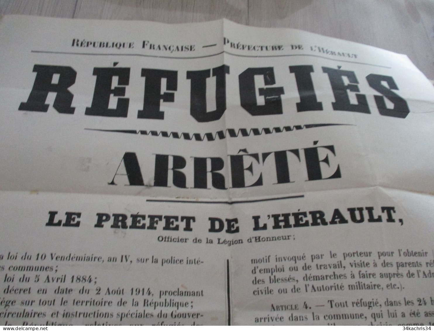 Grande Affiche Placard Département De L'Hérault Montpellier 1/12/1914 Guerre 14/18 Arrêté Sur Les Réfugiés Accueil Règle - Posters