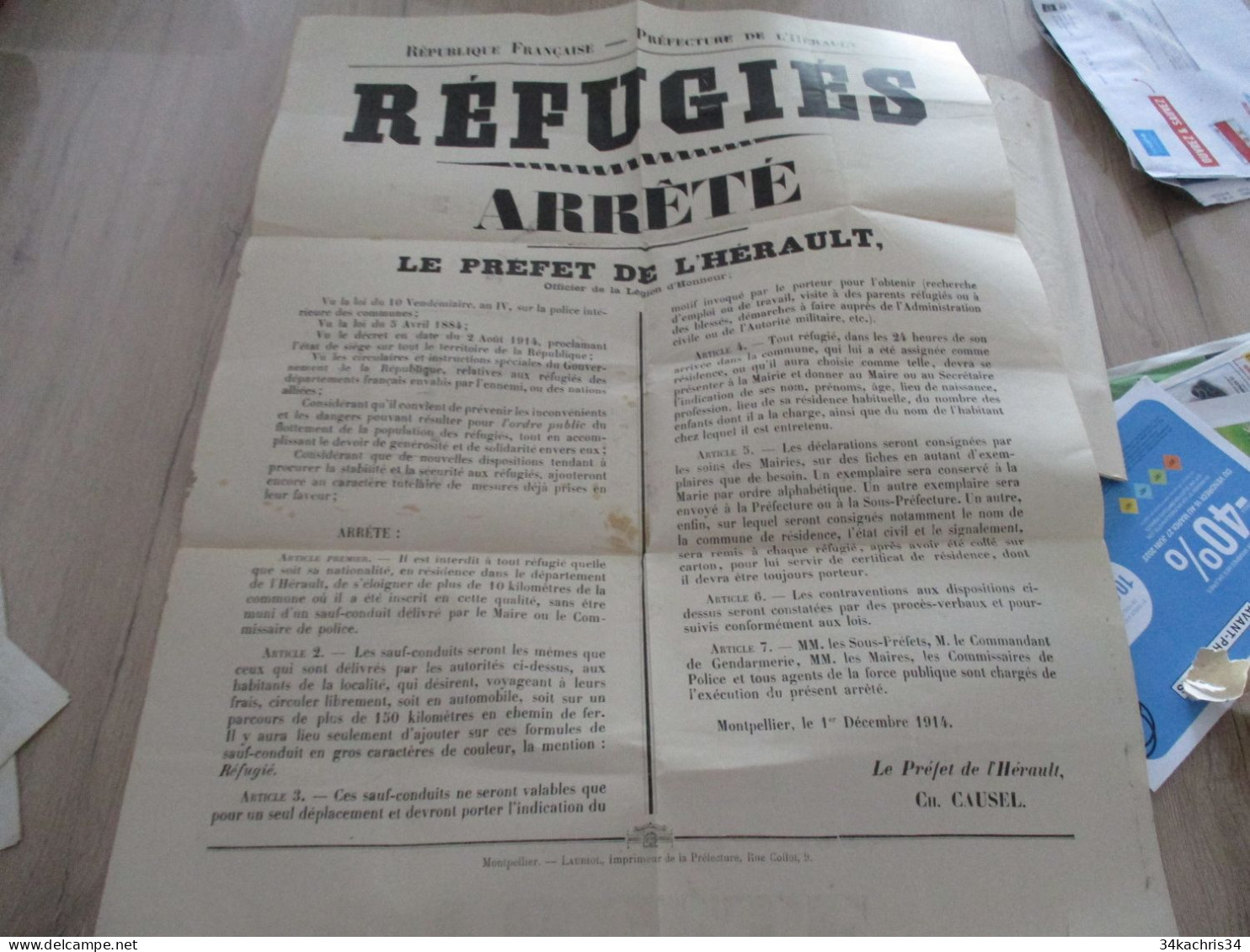 Grande Affiche Placard Département De L'Hérault Montpellier 1/12/1914 Guerre 14/18 Arrêté Sur Les Réfugiés Accueil Règle - Affiches