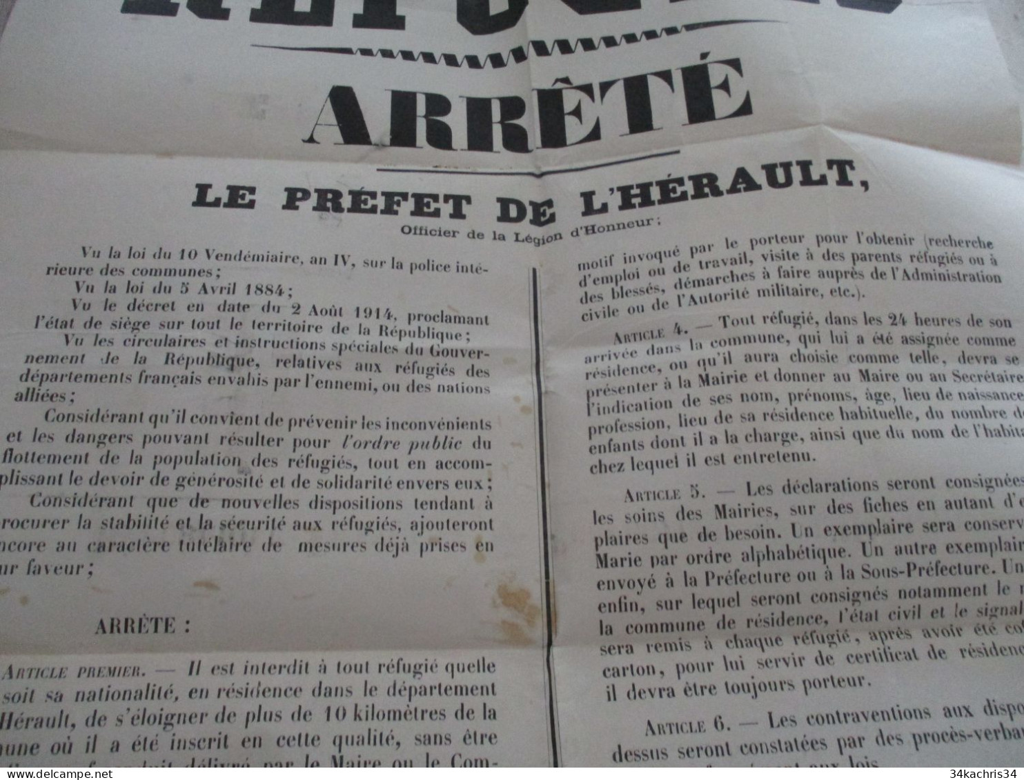 Grande Affiche Placard Département De L'Hérault Montpellier 1/12/1914 Guerre 14/18 Arrêté Sur Les Réfugiés Accueil Règle - Affiches