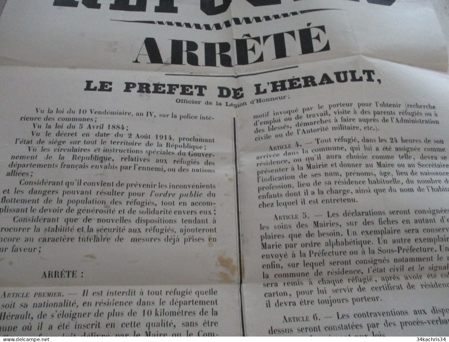 Grande Affiche Placard Département De L'Hérault Montpellier 1/12/1914 Guerre 14/18 Arrêté Sur Les Réfugiés Accueil Règle - Afiches