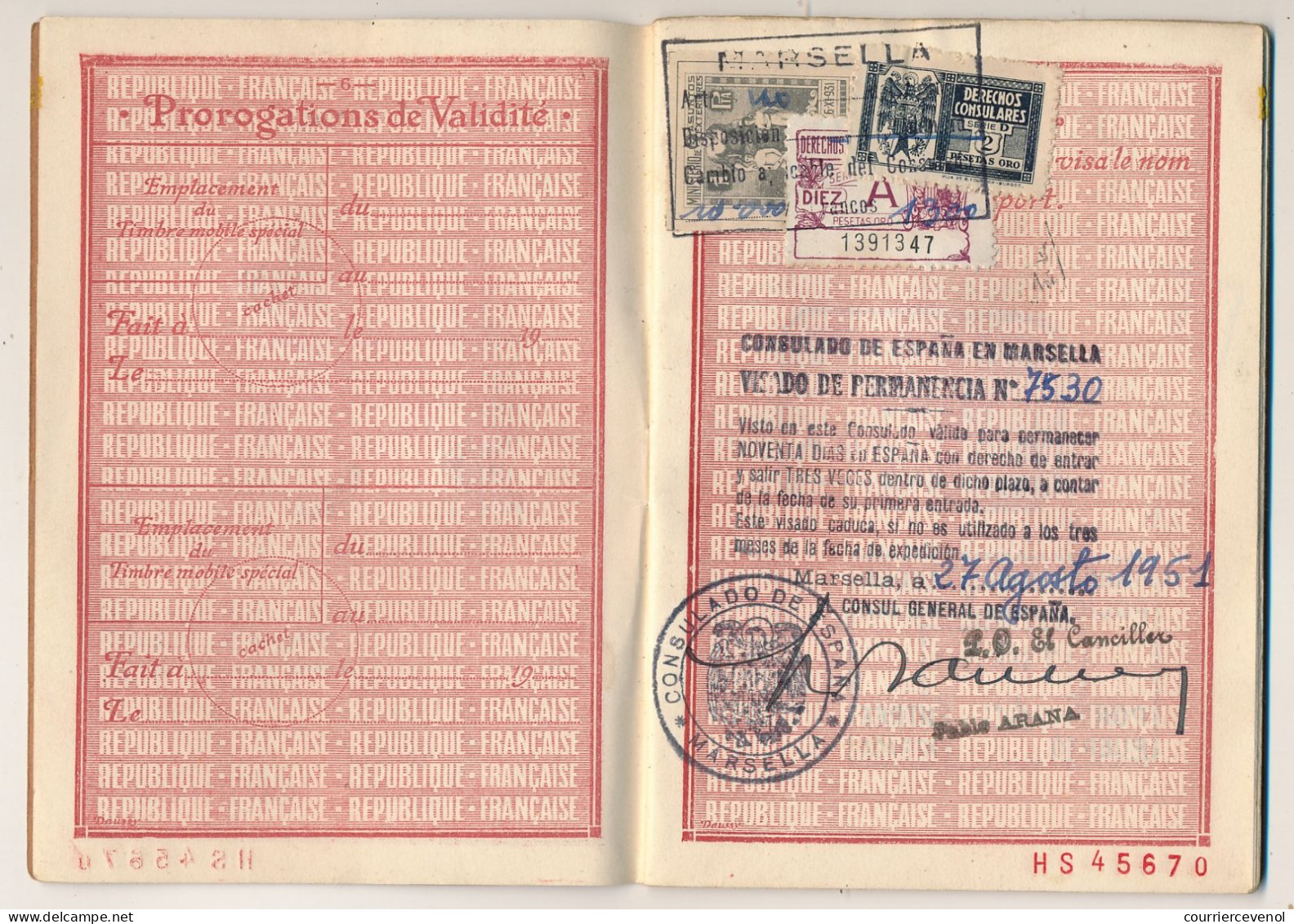 FRANCE / ESPAGNE - Passeport 700 francs Marseille 1951 + Consulat d'Espagne Marseille (fiscaux) + Visas Tanger et Maroc