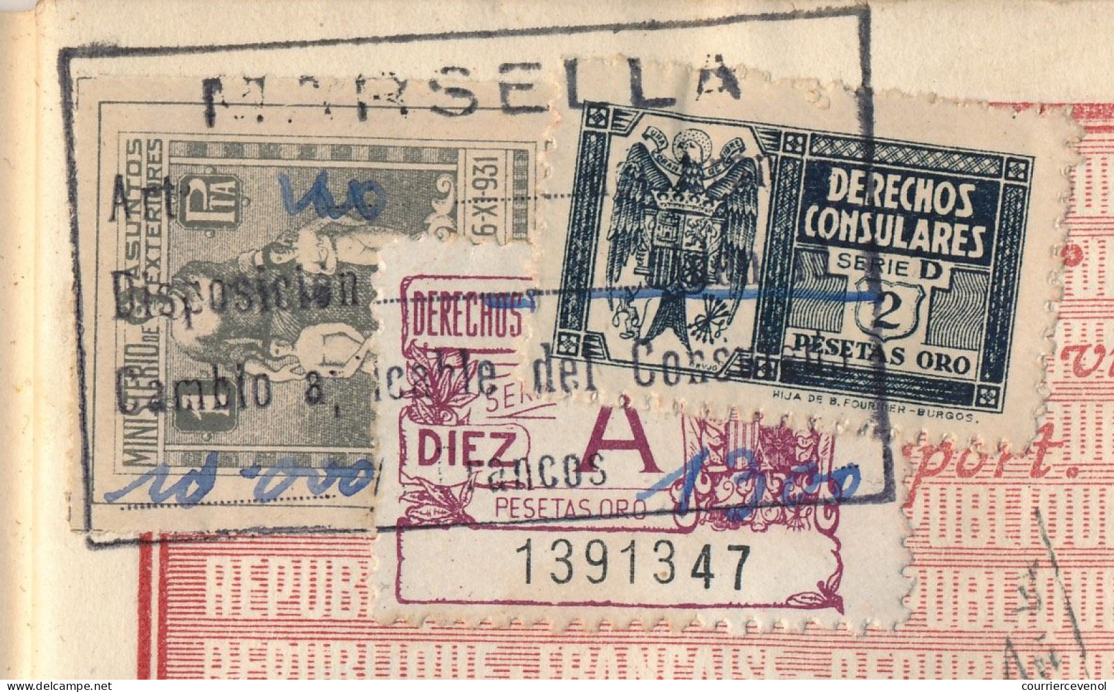 FRANCE / ESPAGNE - Passeport 700 francs Marseille 1951 + Consulat d'Espagne Marseille (fiscaux) + Visas Tanger et Maroc