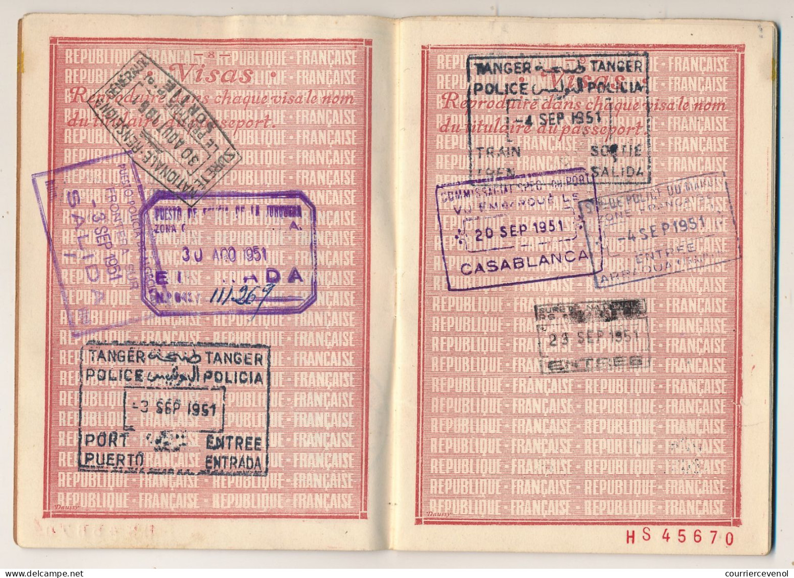 FRANCE / ESPAGNE - Passeport 700 francs Marseille 1951 + Consulat d'Espagne Marseille (fiscaux) + Visas Tanger et Maroc
