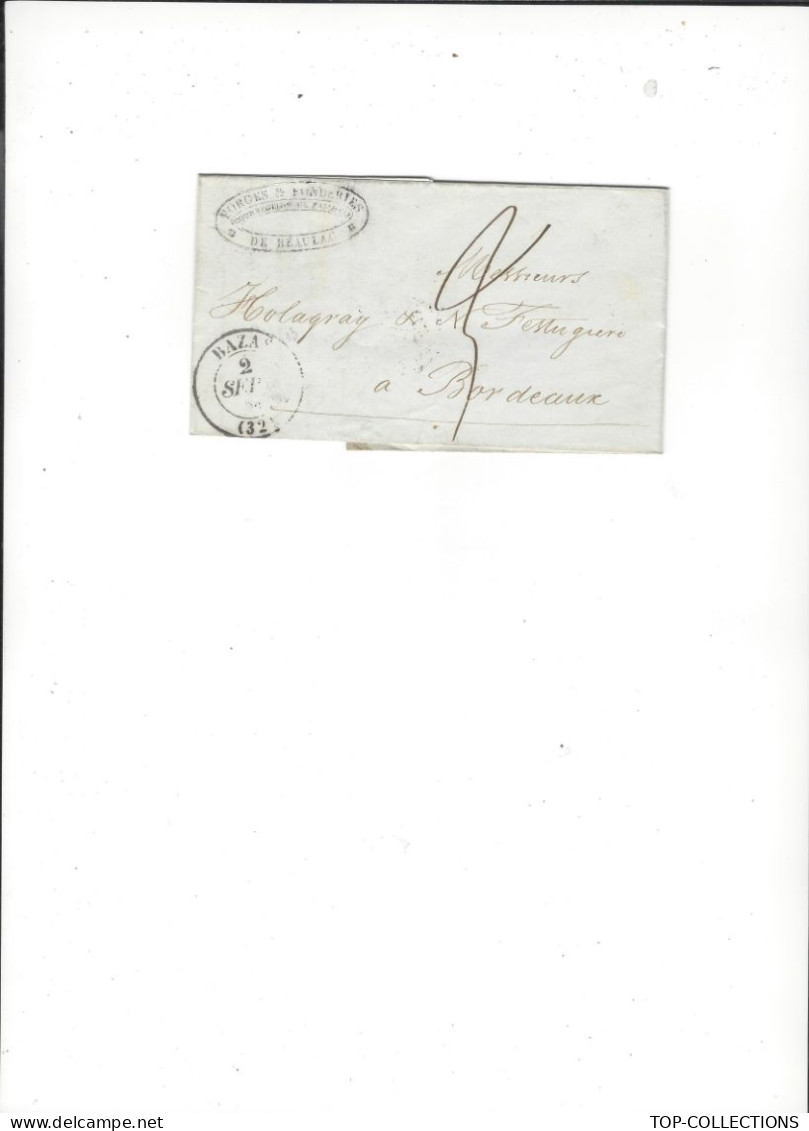 1843  LETTRE FORGES & FONDERIES de Beaulac  Gironde Courregelongue Frères Cachet Bazas pour Holagray Festugière Bordeaux