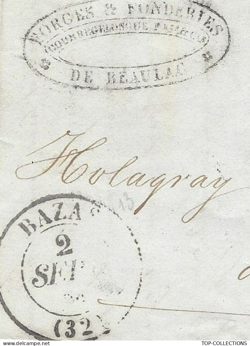 1843  LETTRE FORGES & FONDERIES de Beaulac  Gironde Courregelongue Frères Cachet Bazas pour Holagray Festugière Bordeaux