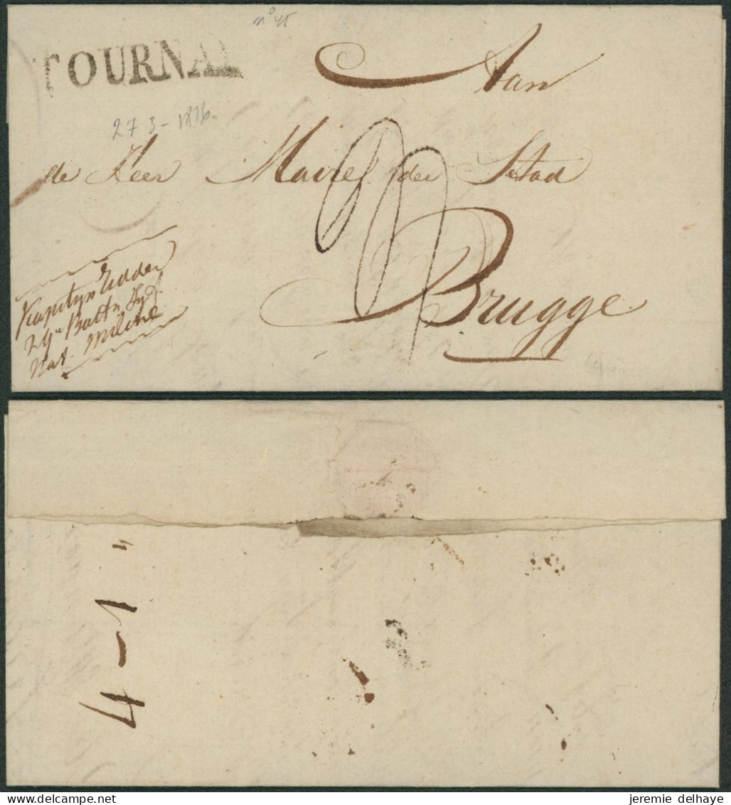 Précurseur - LAC Datée De Doornik (1816) + Obl Linéaire TOURNAY (grand Format, H 48mm) > Brugghe, Port "3" - 1815-1830 (Hollandse Tijd)