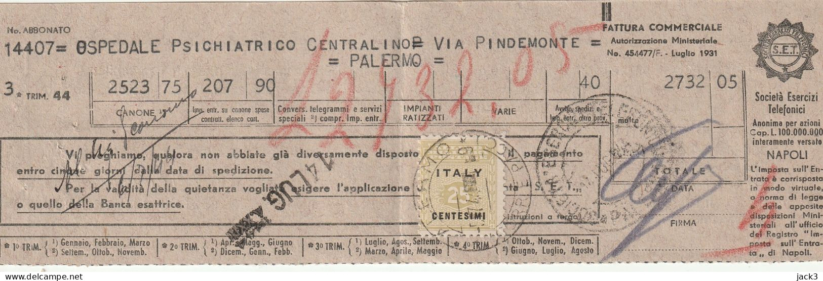 CEDOLINO FATTURA COMMERCIALE - AFFRANCATO CON 25cent AMGOT - Anglo-american Occ.: Sicily