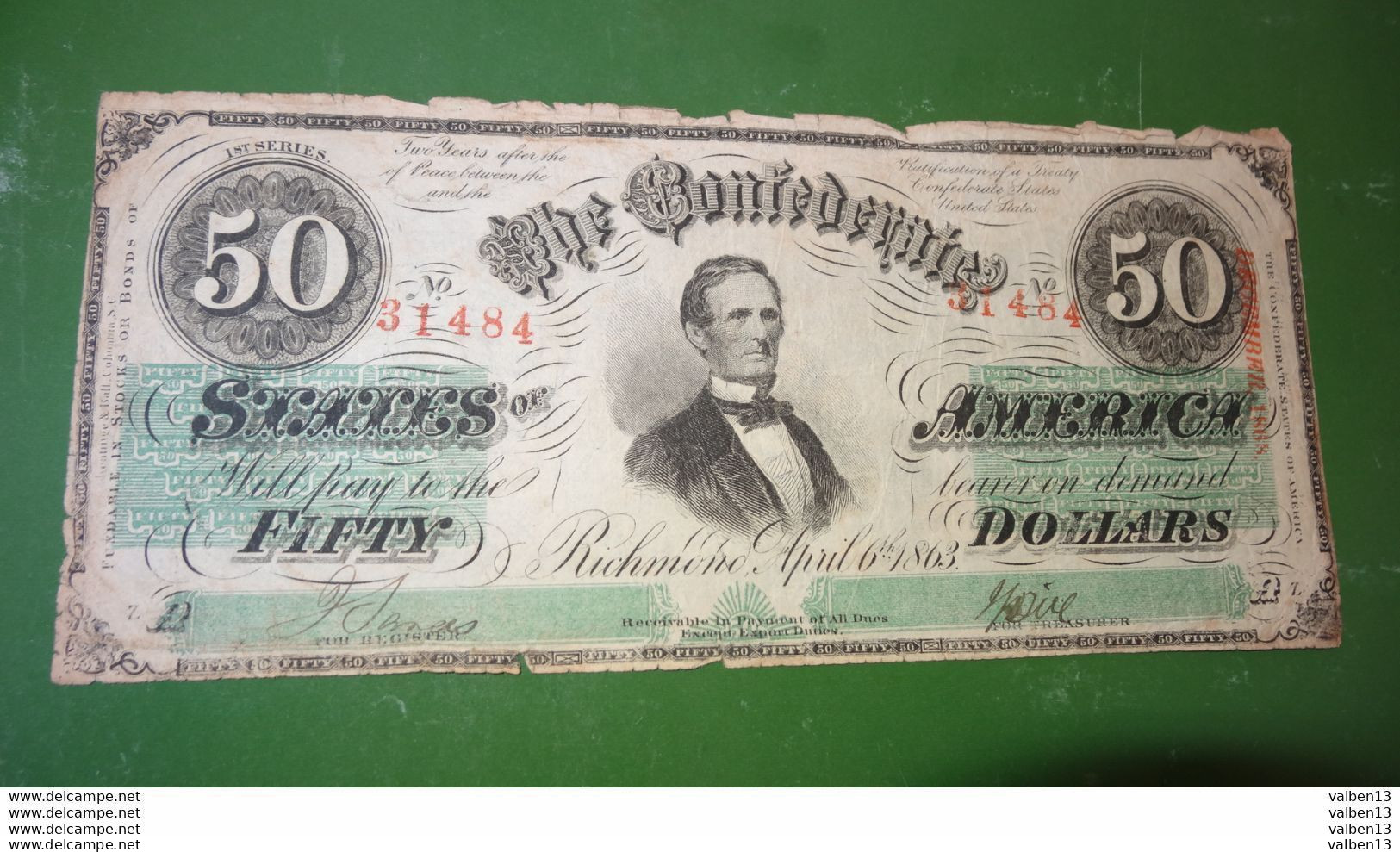 ETATS UNIS: Confederates States Of America. N° 31484, 50 Dollars. Date 06/04/1863 ........ Env.2 - Valuta Van De Bondsstaat (1861-1864)