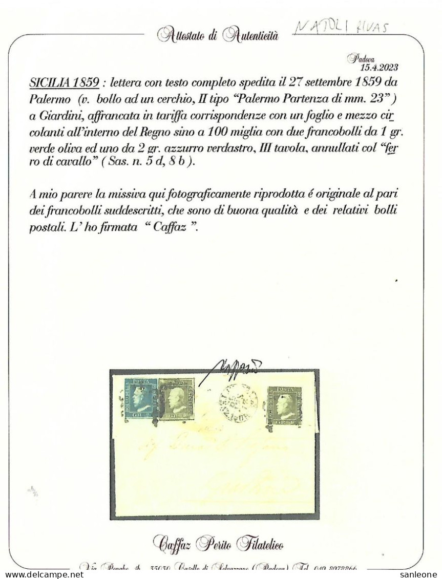 Sicilia Regno: Lettera   Affrancata Con 2  Gr. E Due Pezzi Del 1 Grano   - Testo Di Tre Pagine- Certificato Caffaz - Sicile