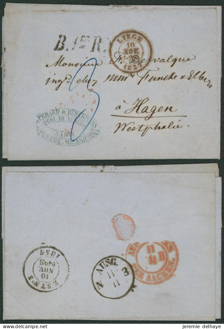 LAC Non Affranchie + Cachet Dateur Liège (1857) Et Griffe B.1er. R, Port "3" > Hagen (Wesphalie) / Mécaniciens - Poste Rurale