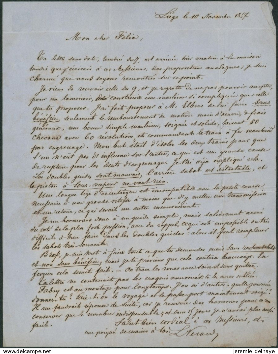 LAC Non Affranchie + Cachet Dateur Liège (1857) Et Griffe B.1er. R, Port "3" > Hagen (Wesphalie) / Mécaniciens - Rural Post