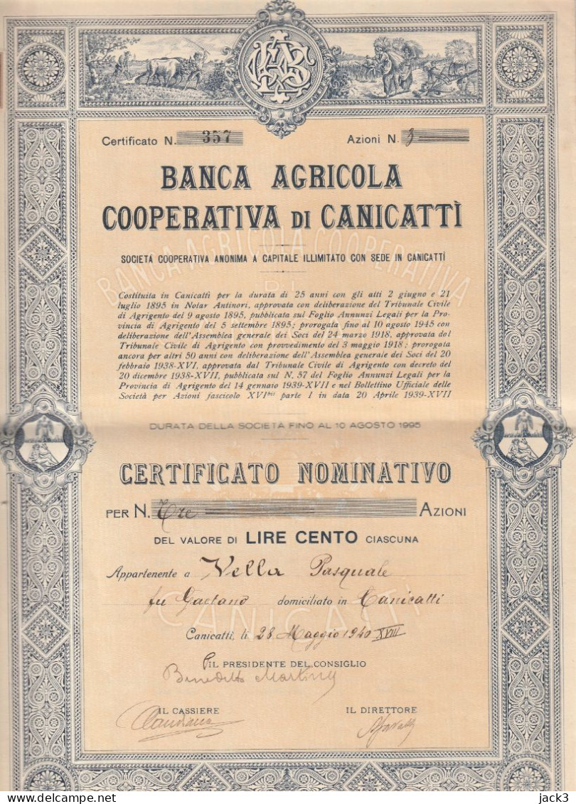 AZIONI - BANCA AGRICOLA COOPERATIVA DI CANICATTI - 3 AZIONI DA £100 - CANICATTI'  1940 - Landwirtschaft