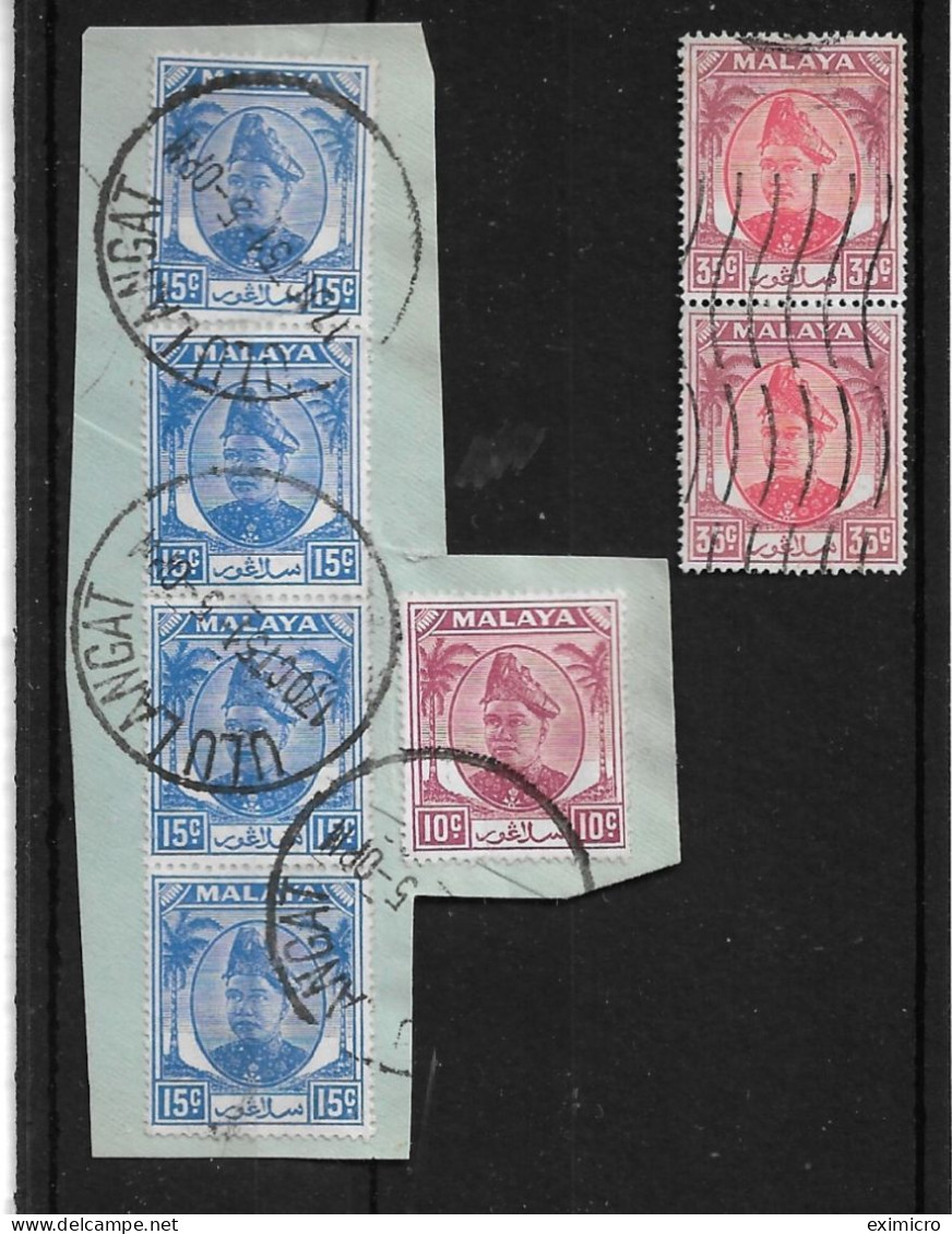 MALAYA - SELANGOR 1949 15c X 4 + 10c Tied To Piece With 'ULANGAT 17 OCT 51' CDS + 35c Pair With Wavy Line Cancel Cat £3+ - Selangor