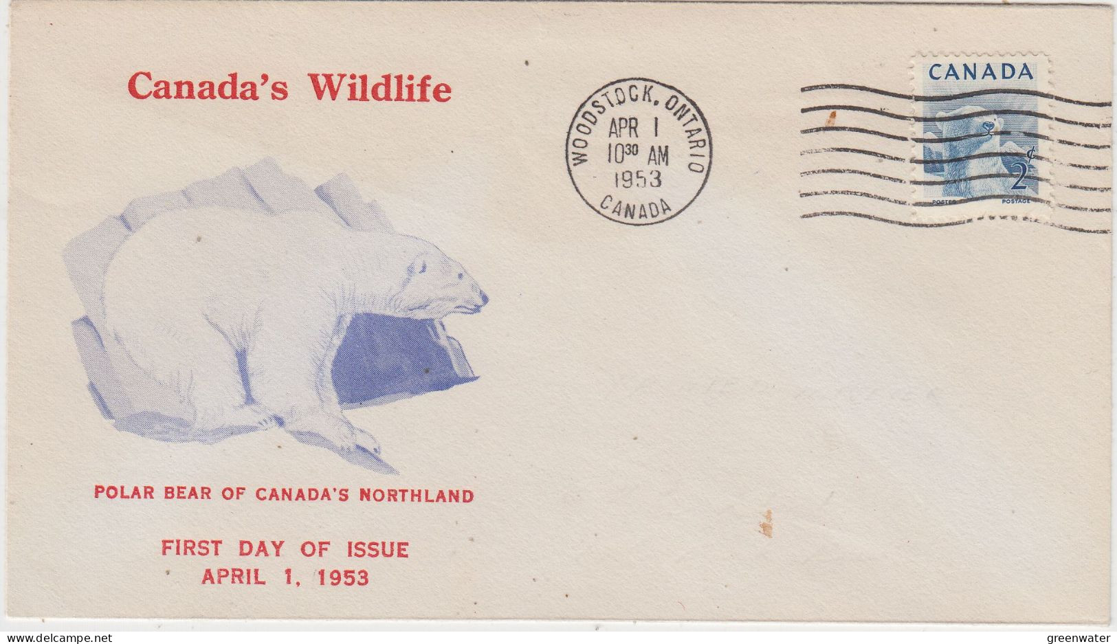 Canada Icebear / Polar Bear FDC Ca Woodstock, Ontario APR 1 1953 (TI166A) - Arctische Fauna