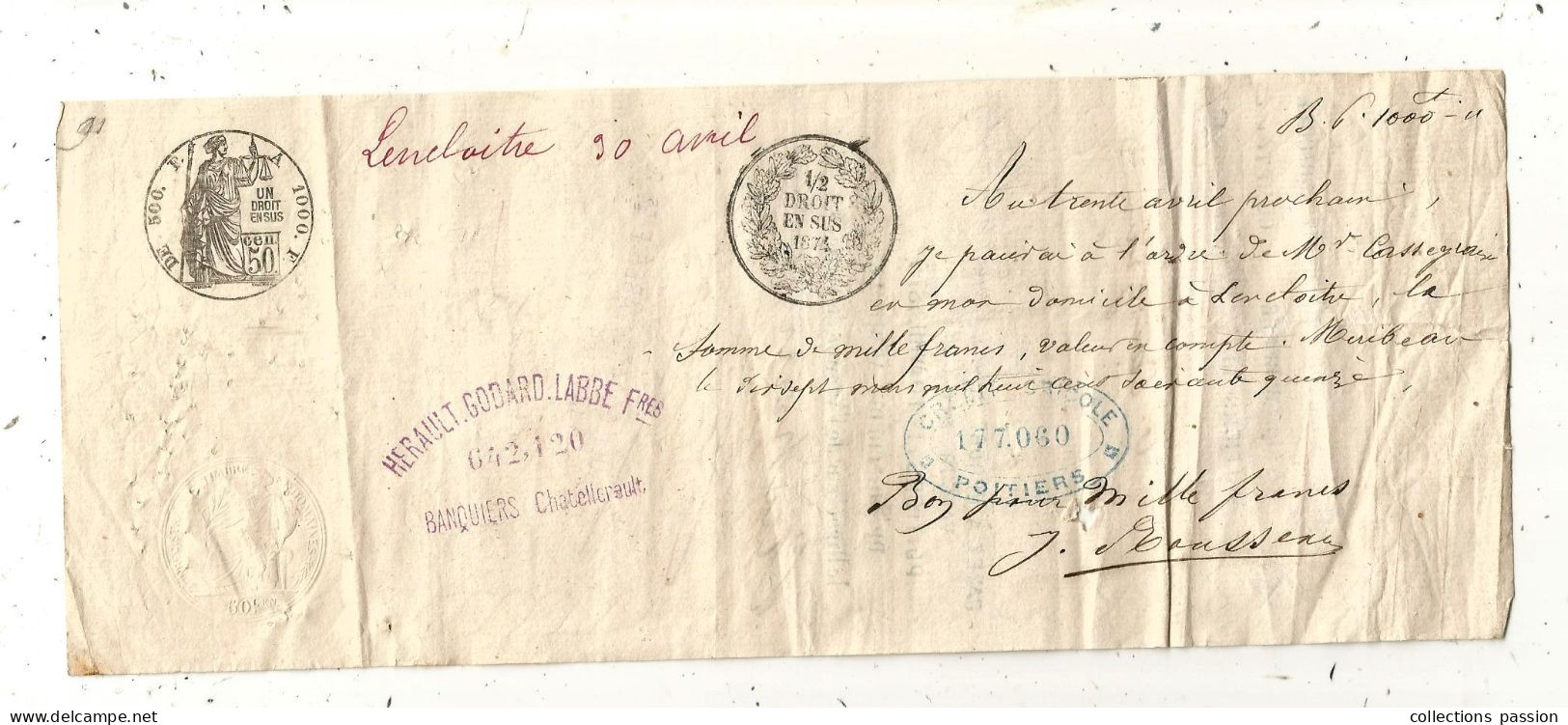 Billet à Ordre , Mirebeau 1875 , Pour LENCLOITRE,  2 Scans - Lettres De Change