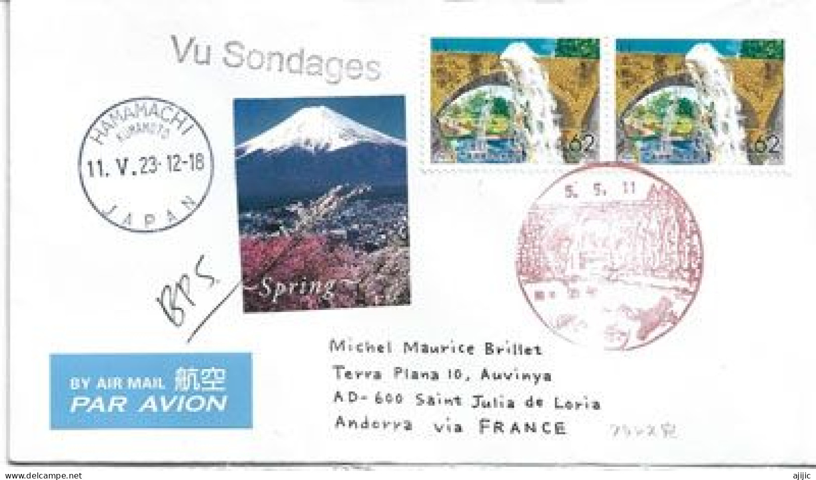 2023 TSUJUNKYO BRIDGE (YAMATO-TOWN KUMAMOTO), Letter With Rare Arrival Postmark "VU SONDAGES" To Andorra - Covers & Documents