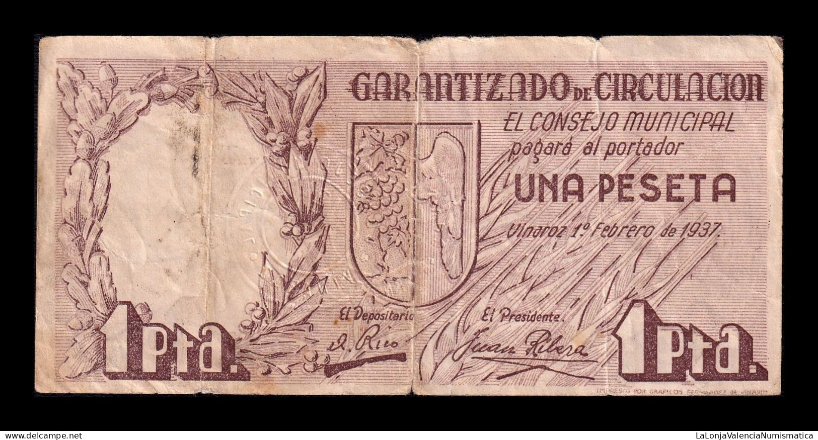 España Spain Billete Local Guerra Civil Vinaroz Catellón 1 Peseta 1937 Serie A Bc+ F+ - 5 Peseten