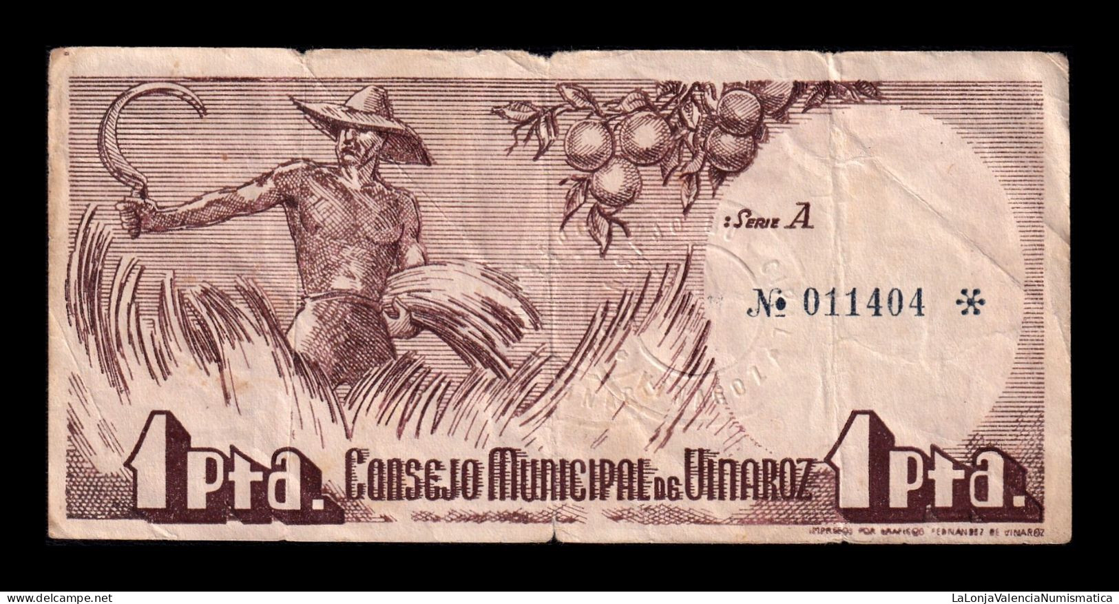 España Spain Billete Local Guerra Civil Vinaroz Catellón 1 Peseta 1937 Serie A Bc+ F+ - 5 Pesetas