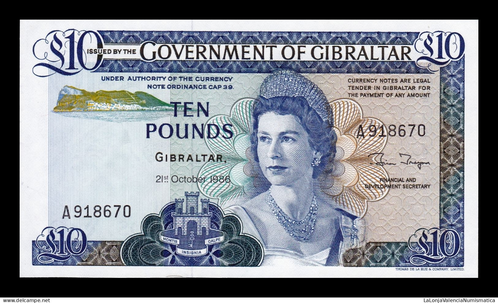 Gibraltar 10 Pounds Elizabeth II 1986 Pick 22b Sc- AUnc - Gibraltar