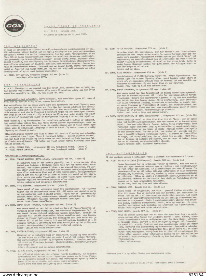 Catalogue COX 1975 FLYERS - ROAD RACINGS - TRAINS HO SCALE 1/87   Texte En Danois Et Liste De Prix En Couronnes Danoises - Sin Clasificación