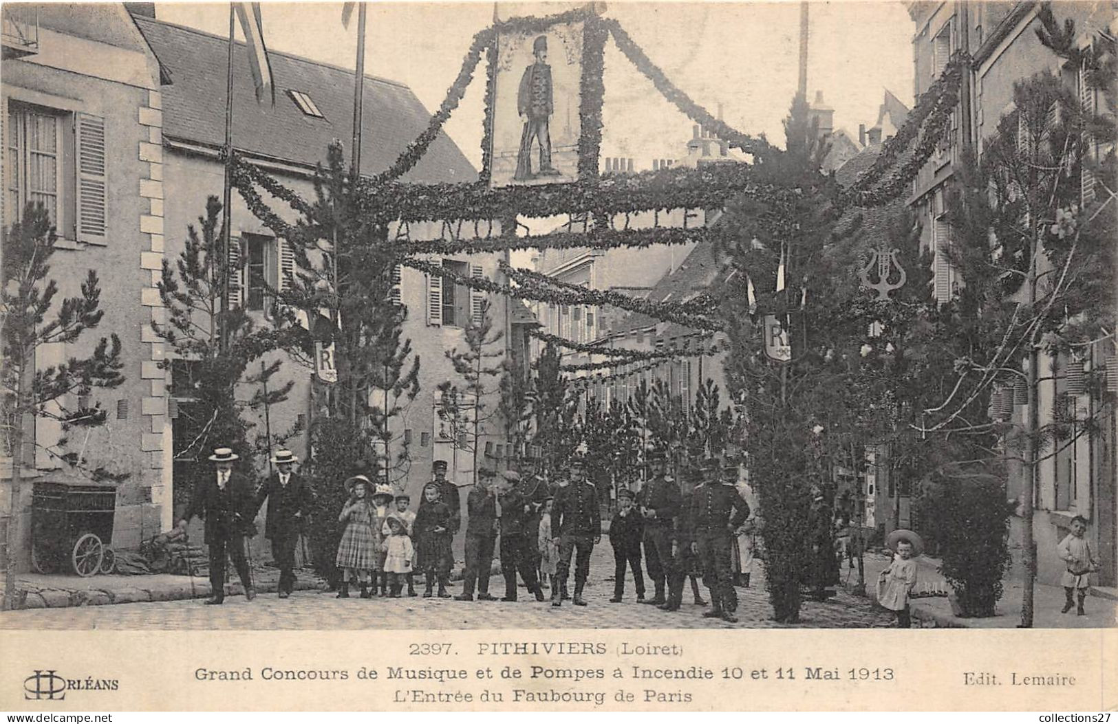 45-PITHIVIER- GRAND CONCOURS DE MUSIQUE ET DE POMPES A INCENDIE 10 ET 11 MAI 1913, L'ENTRRE DU FAUBOURG DE PARIS - Pithiviers