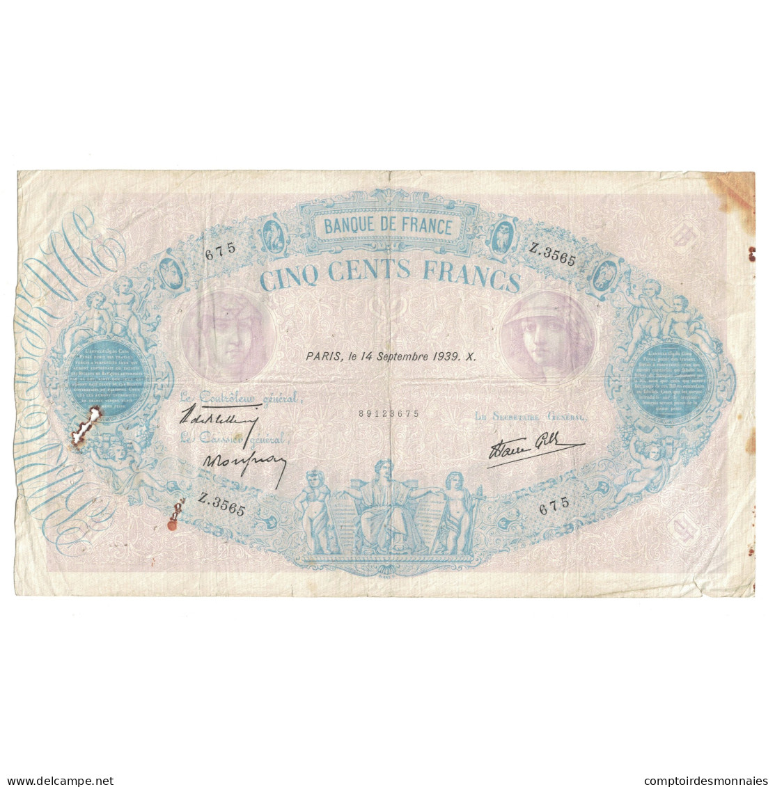 France, 500 Francs, Bleu Et Rose, 1939, Z.3565 675, TB, Fayette:31.39, KM:88c - 500 F 1888-1940 ''Bleu Et Rose''