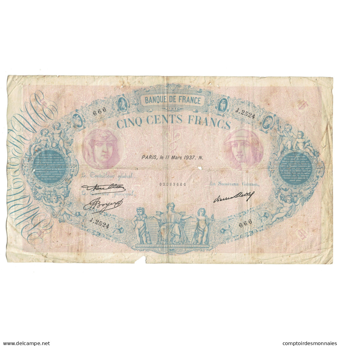 France, 500 Francs, Bleu Et Rose, 1937, J.2524 666, B+, Fayette:30.38, KM:66m - 500 F 1888-1940 ''Bleu Et Rose''