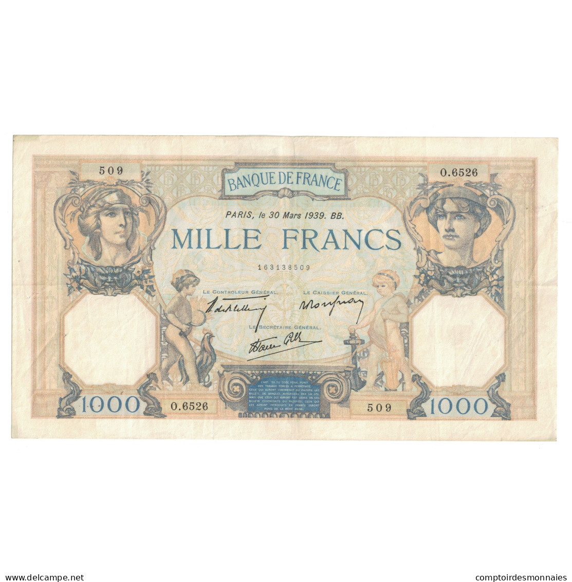 France, 1000 Francs, Cérès Et Mercure, 1939, O.6526 509, SUP, Fayette:38.35 - 1 000 F 1927-1940 ''Cérès Et Mercure''