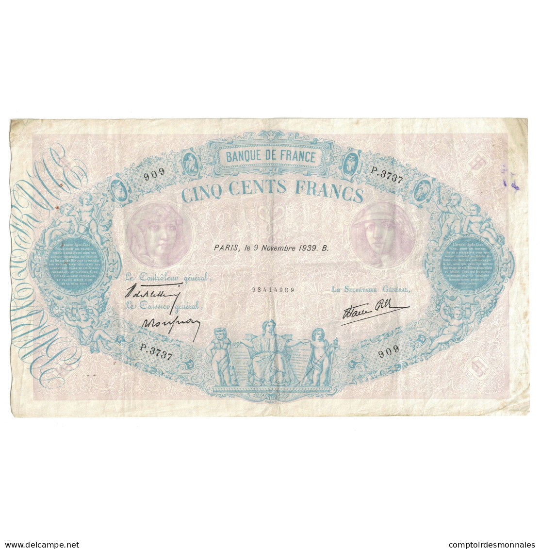 France, 500 Francs, Bleu Et Rose, 1939, P.3737 909, TB+, Fayette:31.47, KM:88c - 500 F 1888-1940 ''Bleu Et Rose''