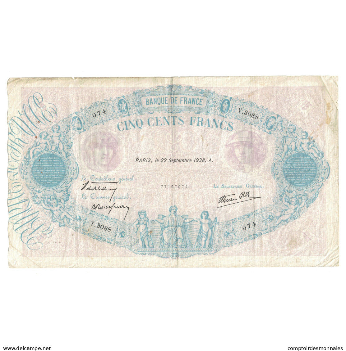 France, 500 Francs, Bleu Et Rose, 1938, Y.3088 074, TTB, Fayette:31.20, KM:88c - 500 F 1888-1940 ''Bleu Et Rose''