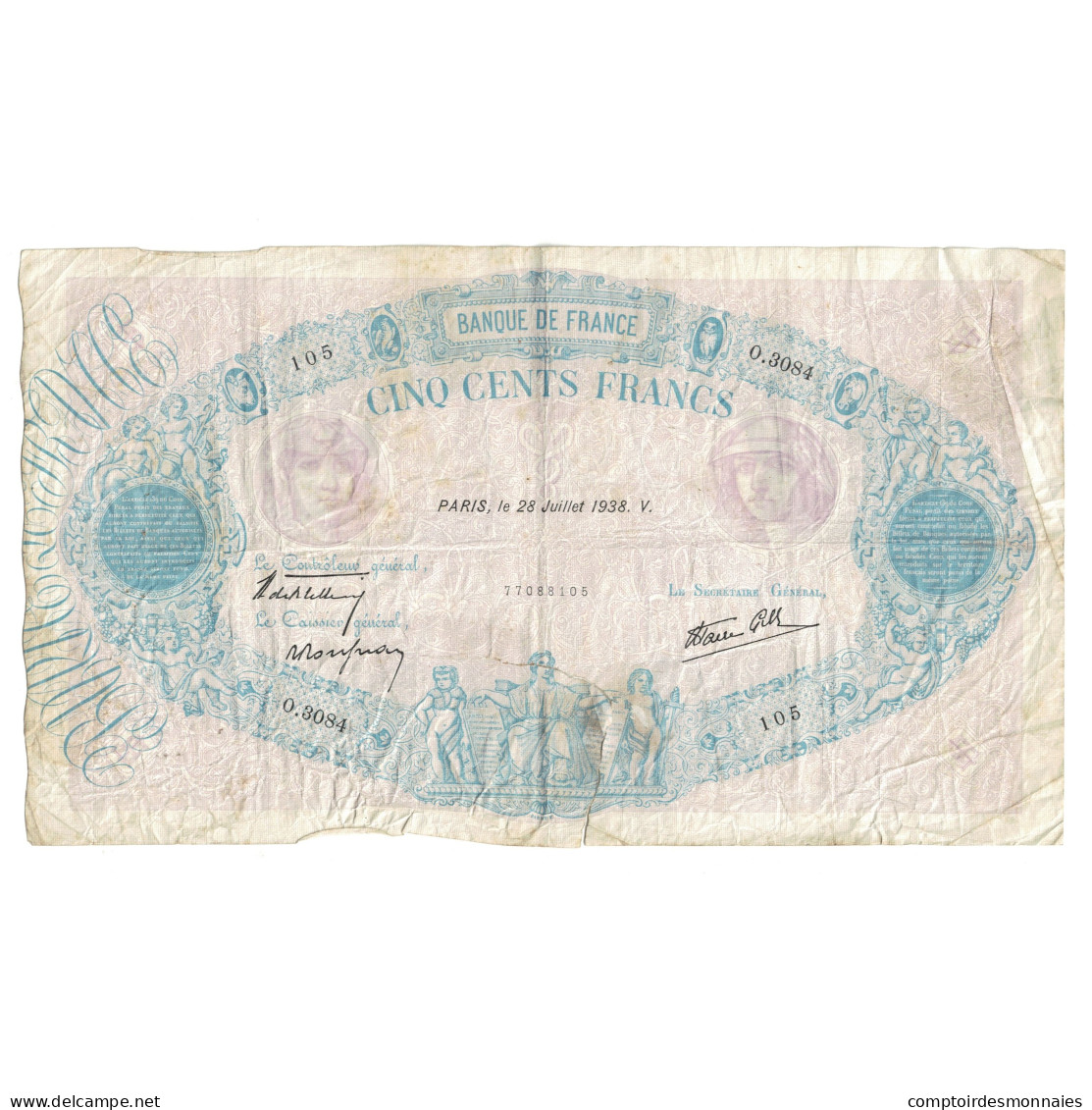France, 500 Francs, Bleu Et Rose, 1938, O.3084 105, TB, Fayette:31.19, KM:88c - 500 F 1888-1940 ''Bleu Et Rose''