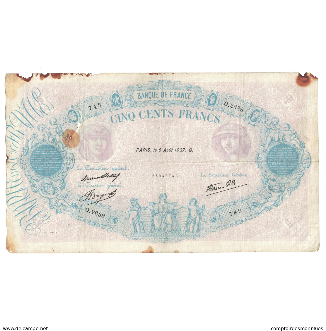 France, 500 Francs, Bleu Et Rose, 1937, Q.2638 743, B+, Fayette:31.1, KM:88a - 500 F 1888-1940 ''Bleu Et Rose''