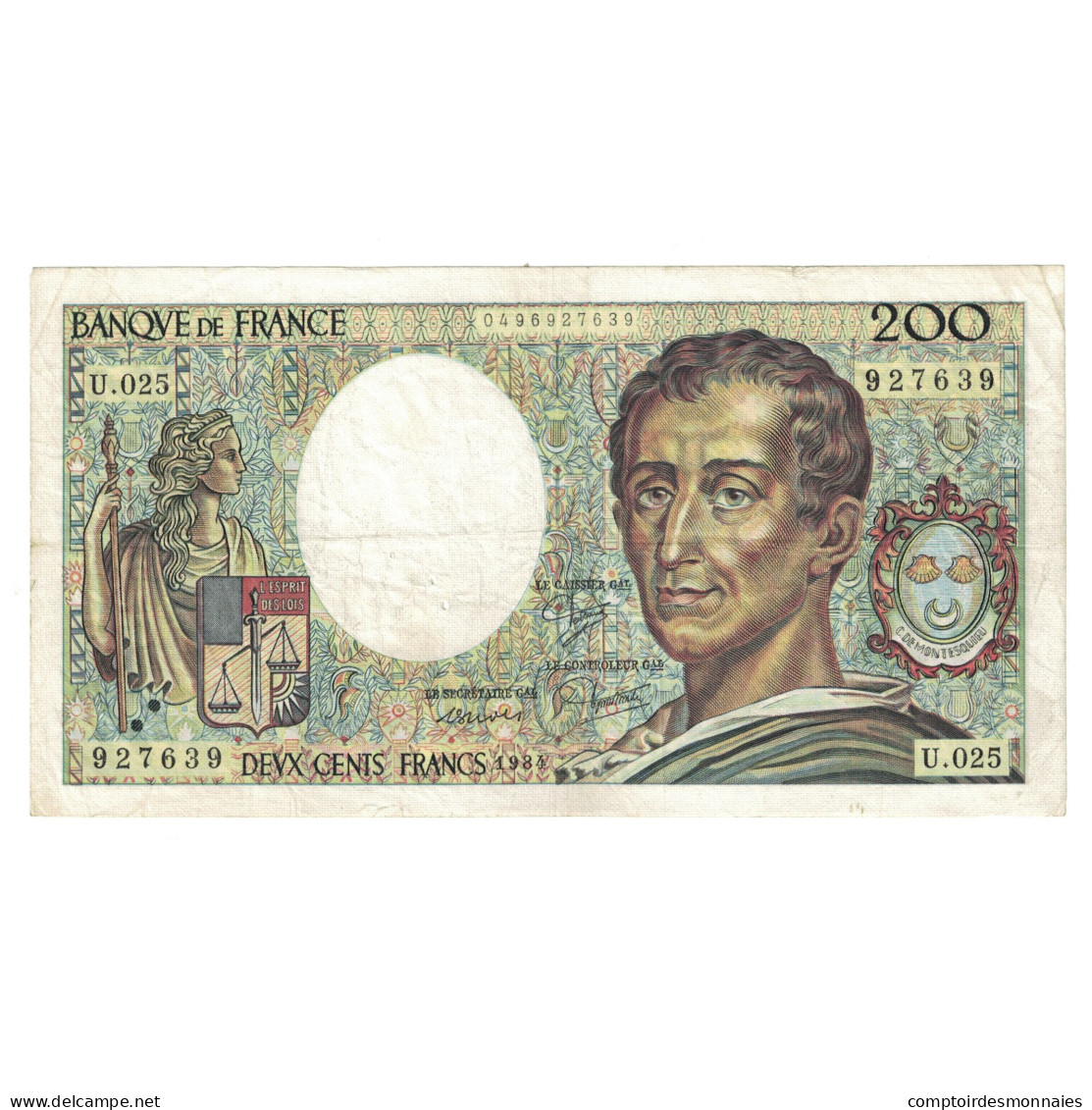 France, 200 Francs, Montesquieu, 1984, U.025 927639, TB+, Fayette:70.4, KM:155a - 200 F 1981-1994 ''Montesquieu''
