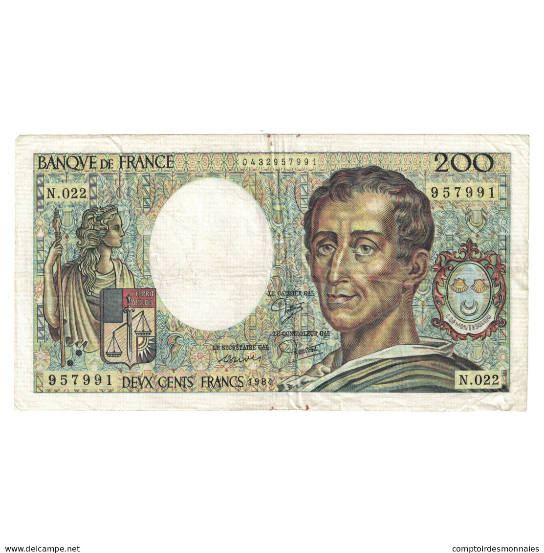 France, 200 Francs, Montesquieu, 1984, N.022 957991, TB, Fayette:70.4, KM:155a - 200 F 1981-1994 ''Montesquieu''