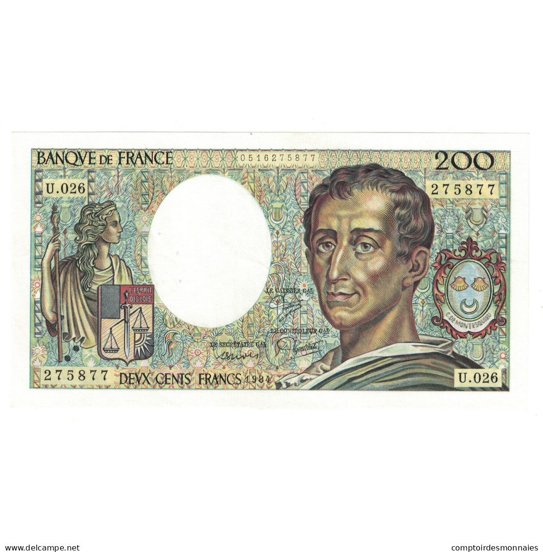 France, 200 Francs, Montesquieu, 1984, U.026 275877, SPL, Fayette:70.4, KM:155a - 200 F 1981-1994 ''Montesquieu''