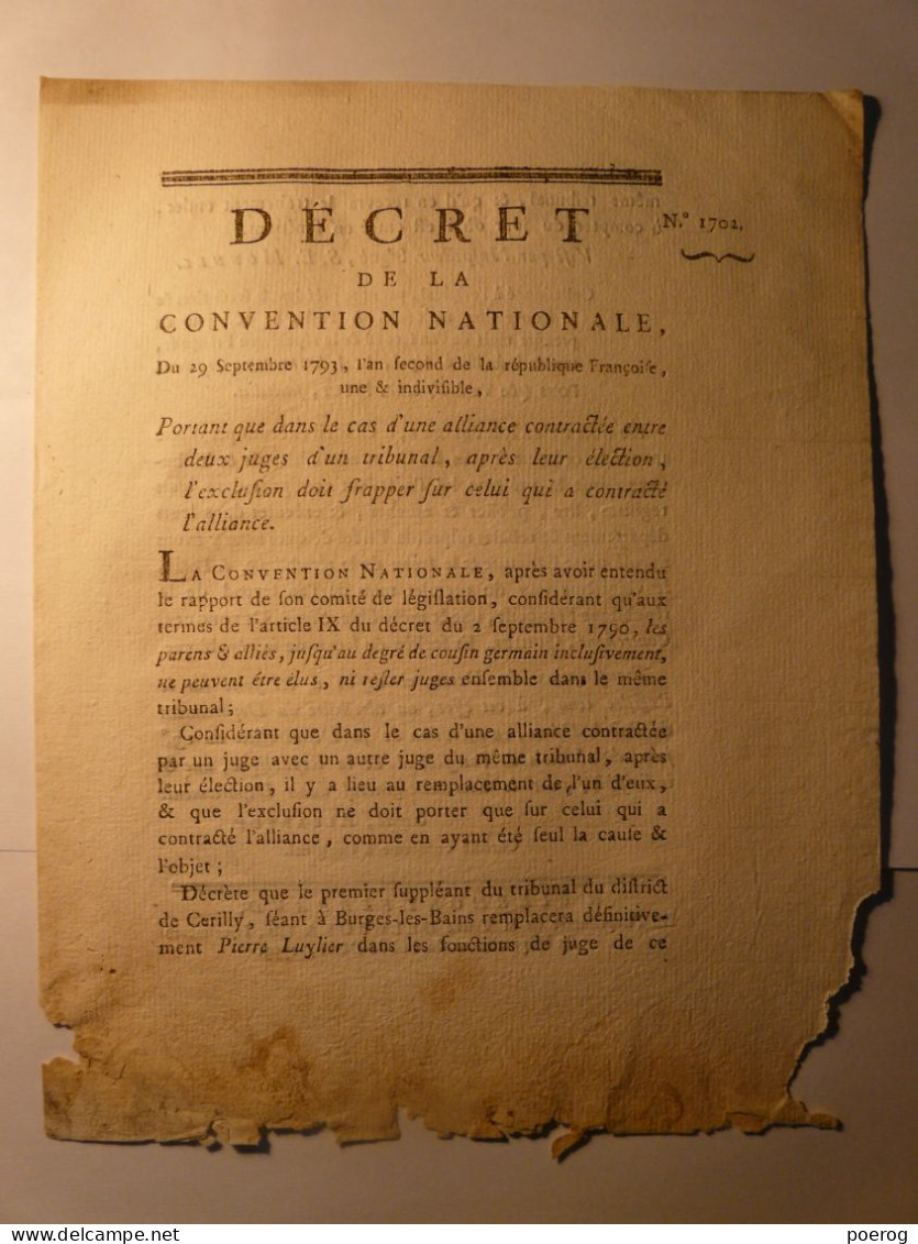 DECRET CONVENTION NATIONALE Du 19 SEPTEMBRE 1793 - ALLIANCE ENTRE DEUX JUGES APRES LEUR ELECTION EXCLUSION DU PREMIER- - Decrees & Laws