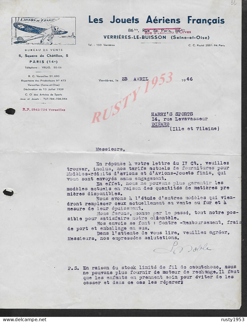 LETTRE COMMERCIALE ILLUSTRÉE LES JOUETS AÉRIENS FRANÇAIS AVION À VERRIÉRES LE BUISSON 1946 X PARIS : - Luchtvaart