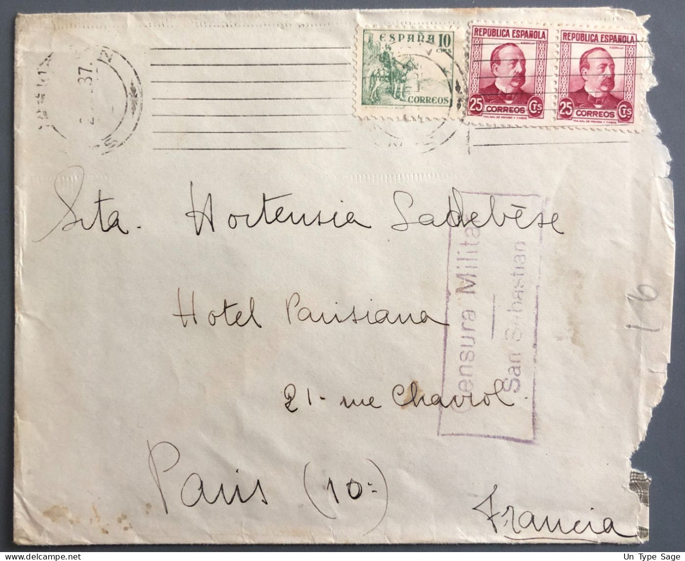 Espagne, Divers Sur Enveloppe De San Sebastian 1937 + Censure San Sebastian - (W1212) - Lettres & Documents