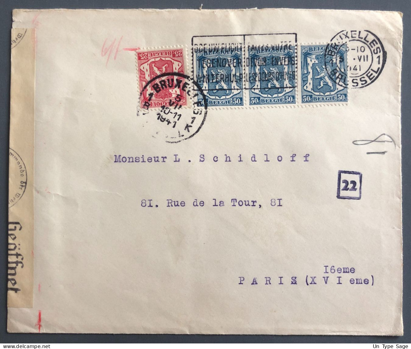 Belgique, Divers Sur Enveloppe De Bruxelles 5.7.1941 + Censure - (W1222) - Guerra 40 – 45 (Cartas & Documentos)