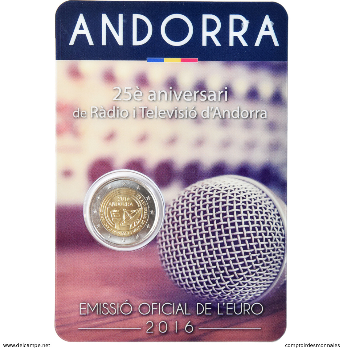 Andorre, 2 Euro, 25ème Anniversaire De La Radio-télé, 2016, Coin Card, FDC - Andorre