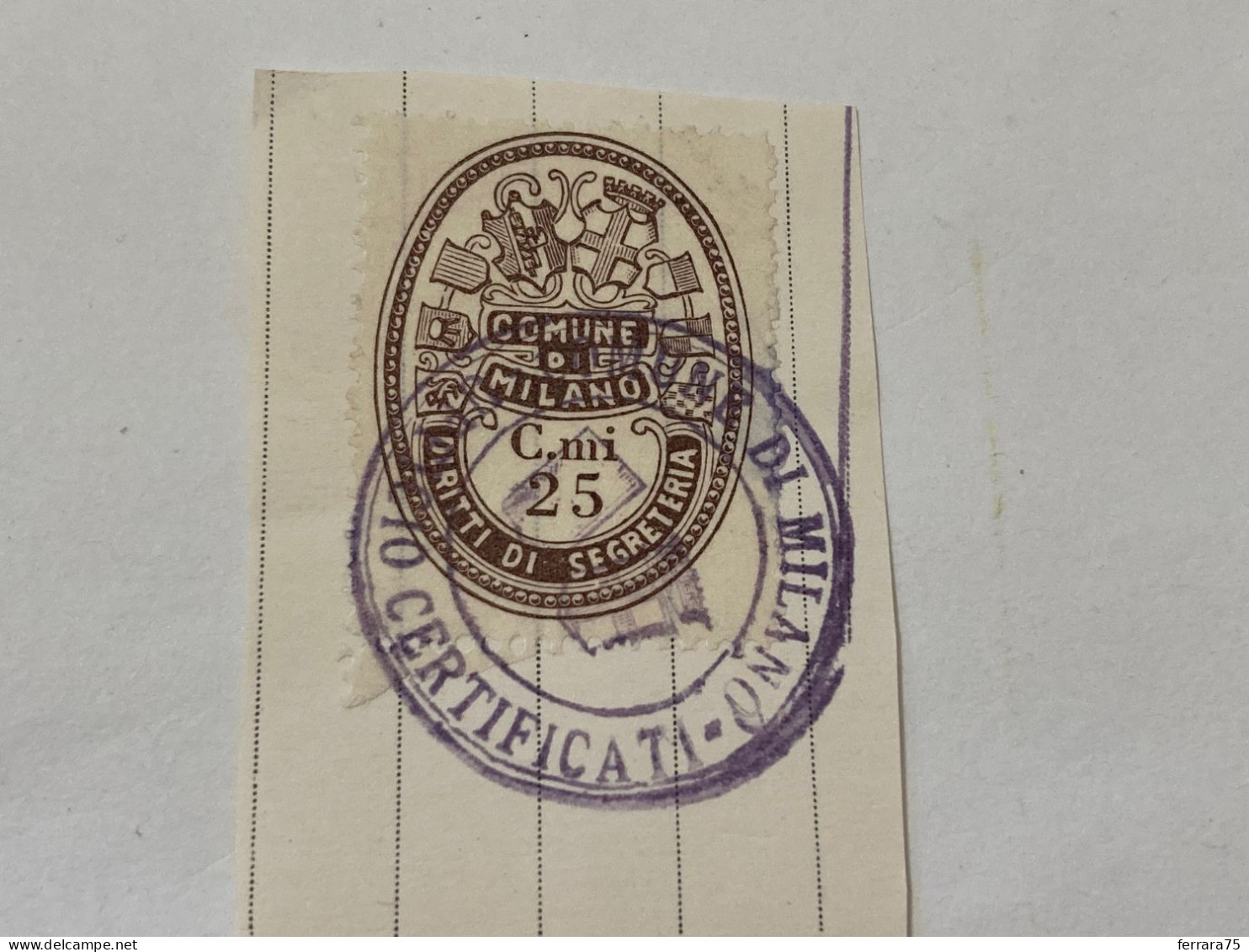 MARCA DA BOLLO SU FRAMMENTO DIRITTI DI SEGRETERIA COMUNE DI MILANO -9 - Revenue Stamps