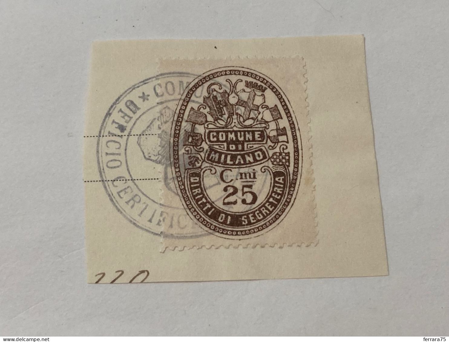 MARCA DA BOLLO SU FRAMMENTO DIRITTI DI SEGRETERIA COMUNE DI MILANO -9 - Revenue Stamps