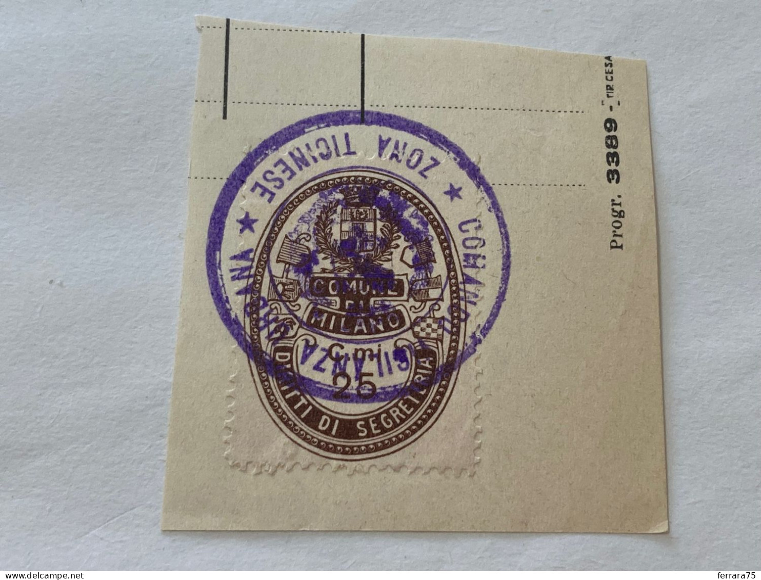 MARCA DA BOLLO SU FRAMMENTO DIRITTI DI SEGRETERIA COMUNE DI MILANO -9 - Revenue Stamps