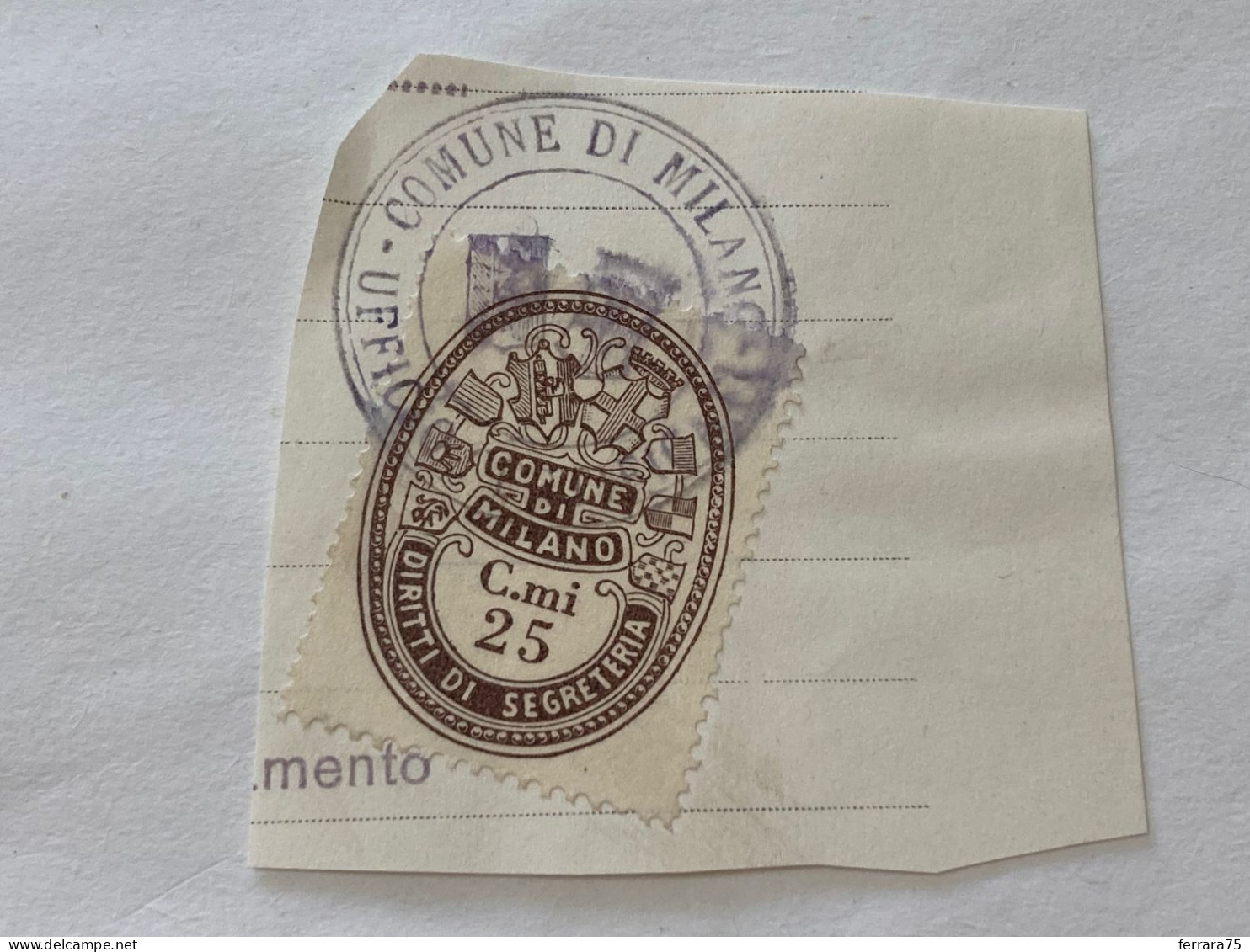 MARCA DA BOLLO SU FRAMMENTO DIRITTI DI SEGRETERIA COMUNE DI MILANO -9 - Revenue Stamps