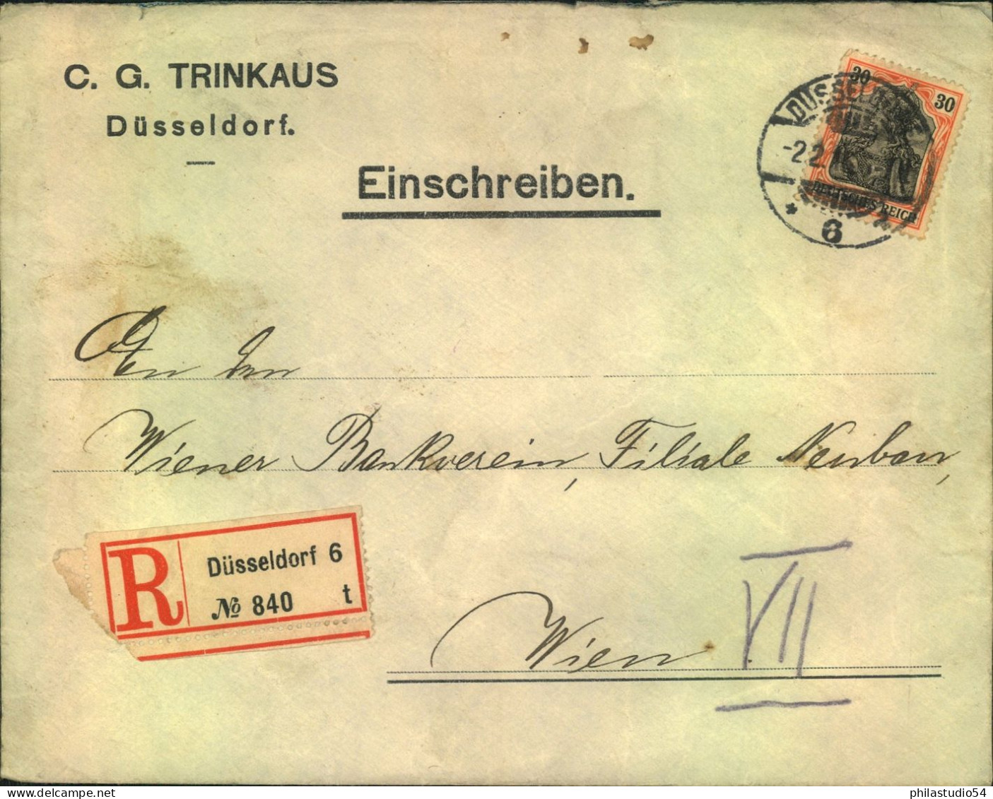 1916, 30 Pf. Germania Als EF Auf Einschreiben Ab DÜSSELDORF Mit Zensur - Sonstige & Ohne Zuordnung