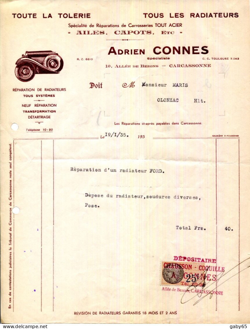 FACTURE.11.AUDE.CARCASSONNE. TOUTE LA TOLERIE.TOUT LES RADIATEUR.ADRIEN CONNES 10 ALLÉE DE BEZONS. - Auto's