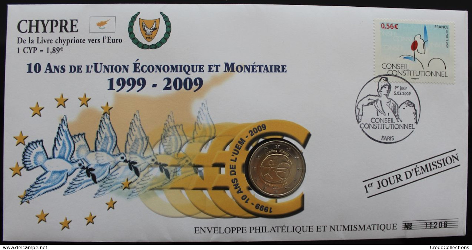 CHYPRE- Enveloppe 1er Jour + 2€ 2009 (10 Ans De L'UEM) - Cipro