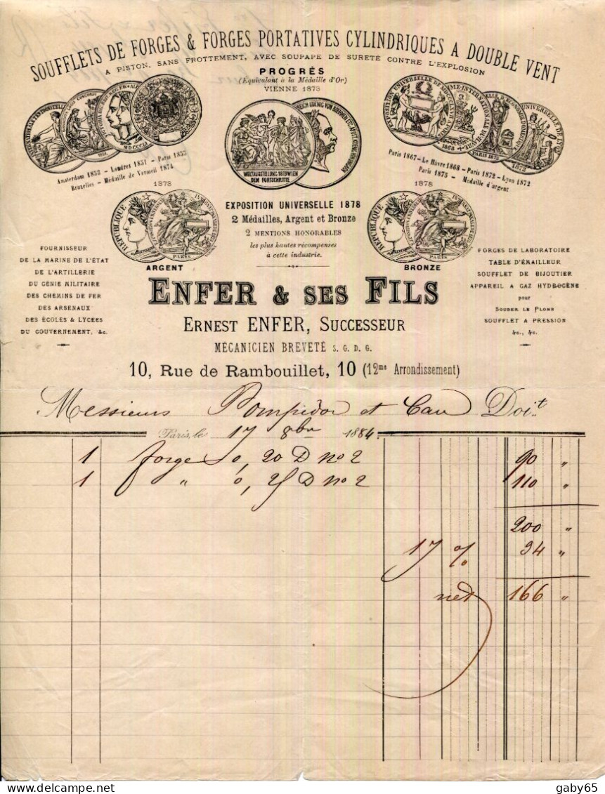 FACTURE.PARIS.SOUFFLETS DE FORGES & FORGES PORTATIVES.ENFER & SES FILS MECANICIEN 10 RUE DE RAMBOUILLET. - Druck & Papierwaren